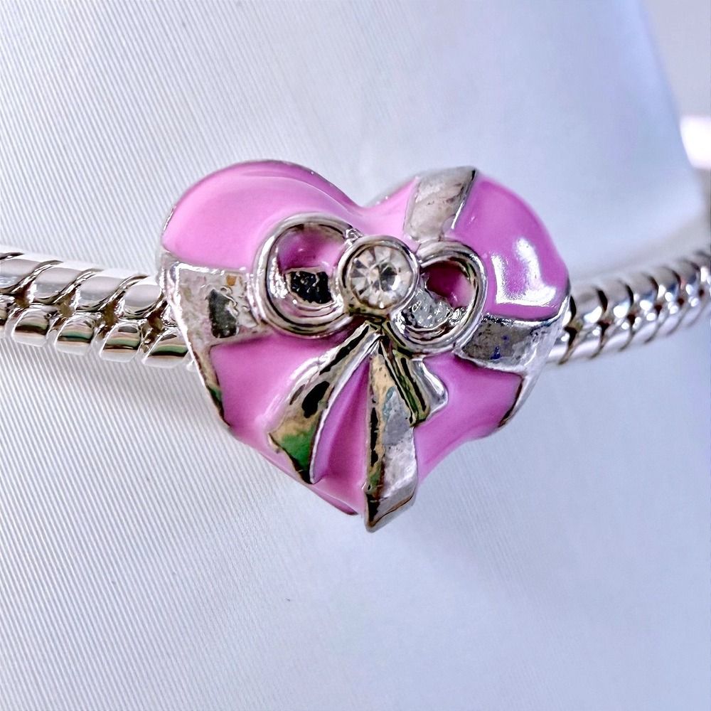 Pink‎ Heart Silver Bead Charm Fits Snake Chain Bracelet Bow Rhinestone Jewelry